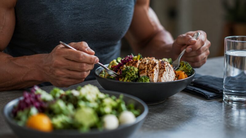 Person eating a balanced meal with grilled chicken and vegetables at a dining table.