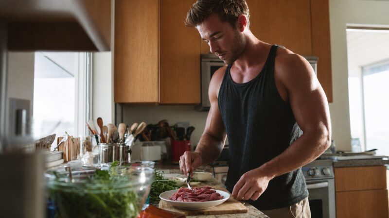 Man preparing a healthy meal in a bright kitchen before or after a workout