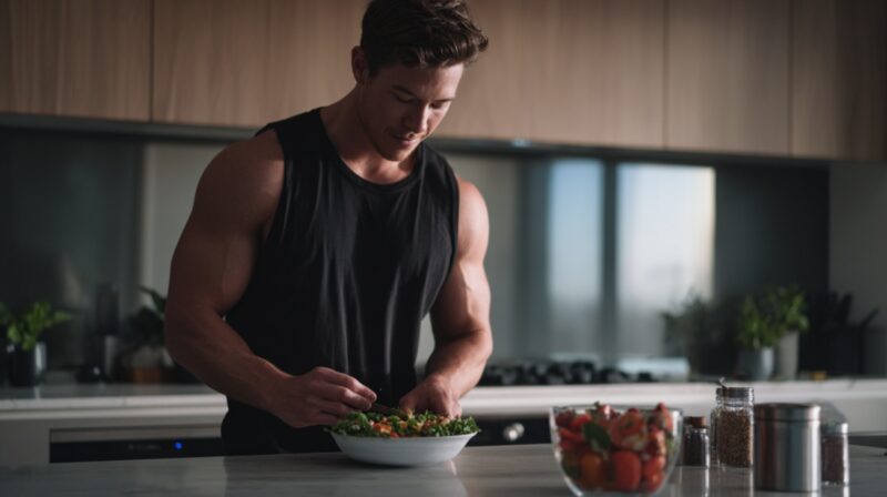 Man preparing a fresh salad in a modern kitchen with healthy ingredients nearby